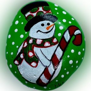 Hand crafted painted Snowman rock red green candy cane white snow black top hat